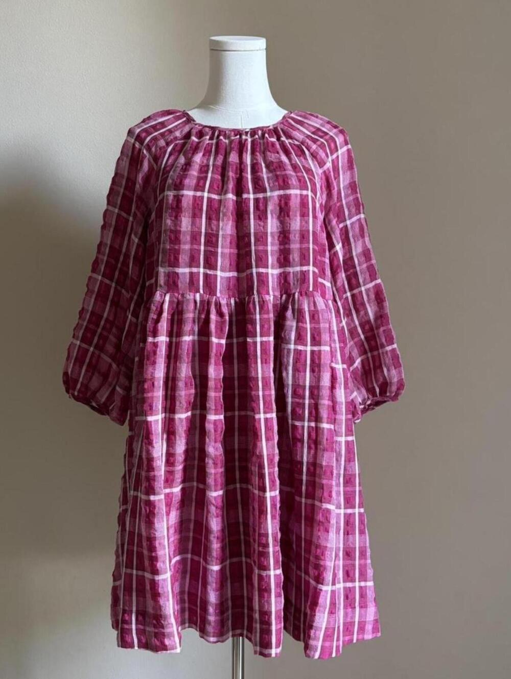 pink madewell gingham babydoll mini dress puff sleeve cottagecore flowy